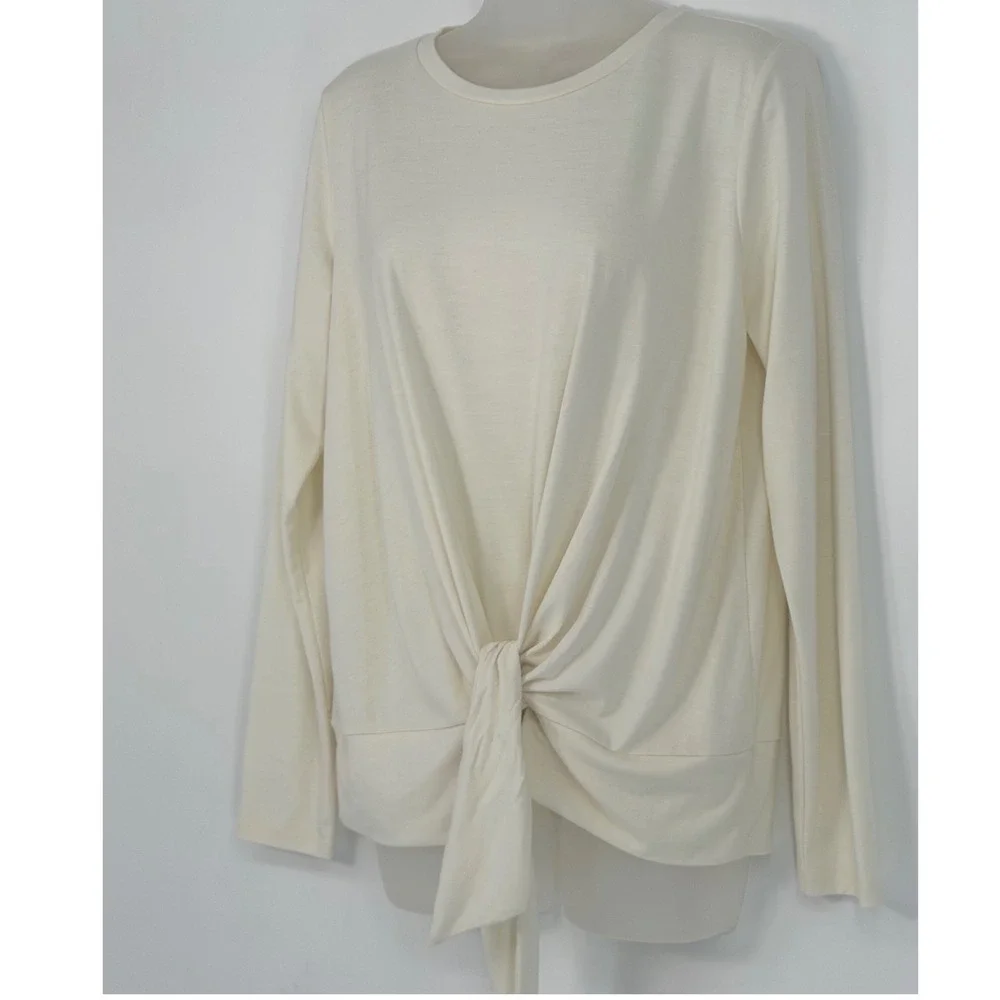 Ann Taylor Ivory Cream Tie Front Knot Long Sleeve Crew Neck Top M Preppy 102-71